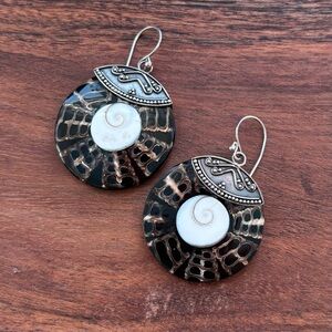 Large Black Spider Shell Sterling Silver Earrings